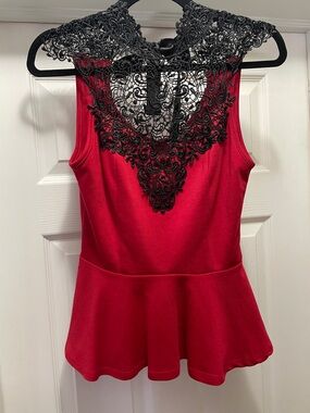 Charlotte Russe Red Keyhole Back Peplum Camisole with Black Lace Yoke